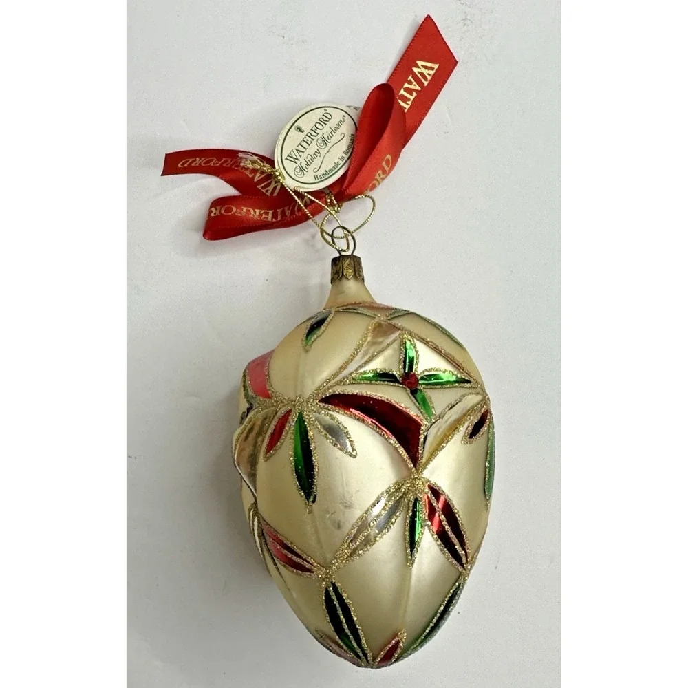 Waterford Renaissance Starburst Egg Glass Christmas‎ Ornament Red Gold Glitter